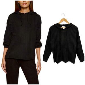 New Sweet Romeo Sweater Womens XS Ribbed Drawstring Hoodie Split High Low Black